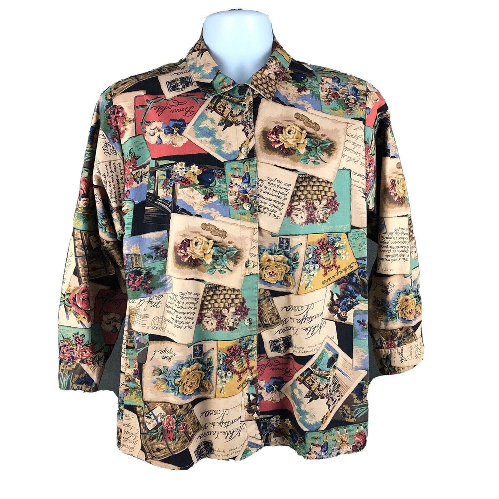 Vintage Gotcha Covered Button Up Western‎ Shirt Large Postcards Vineyard USA 90s